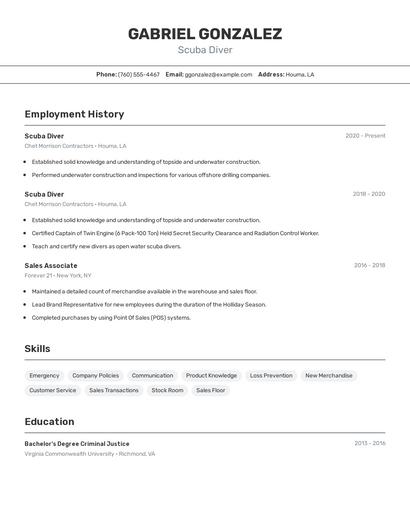 Scuba Diver Resume