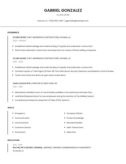 Scuba Diver Resume