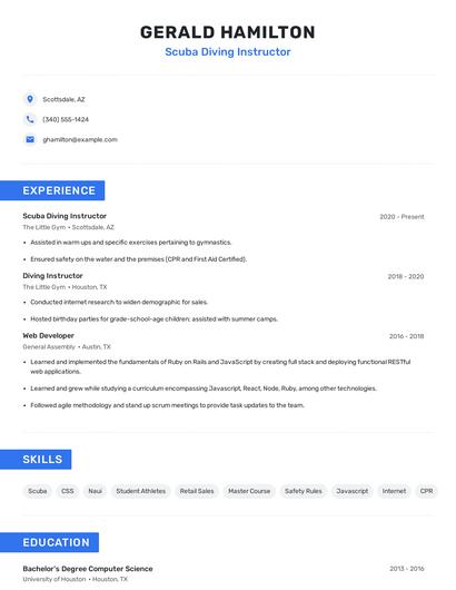 Scuba Diving Instructor Resume