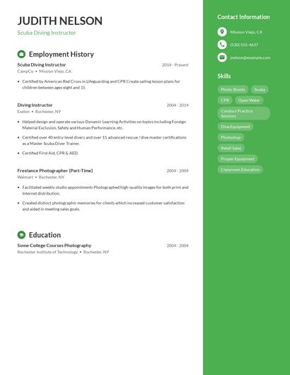 Scuba Diving Instructor Resume