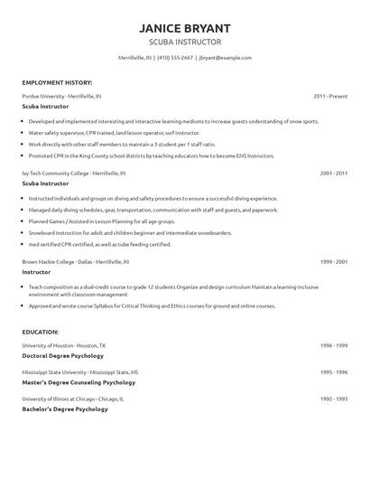 Scuba Instructor Resume