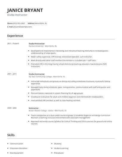 Scuba Instructor Resume