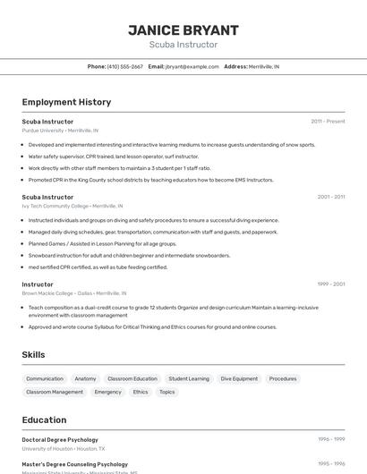 Scuba Instructor Resume