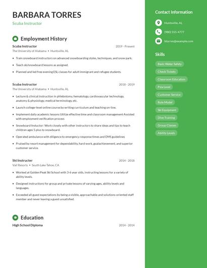 Scuba Instructor Resume