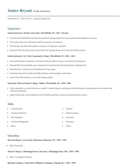 Scuba Instructor Resume