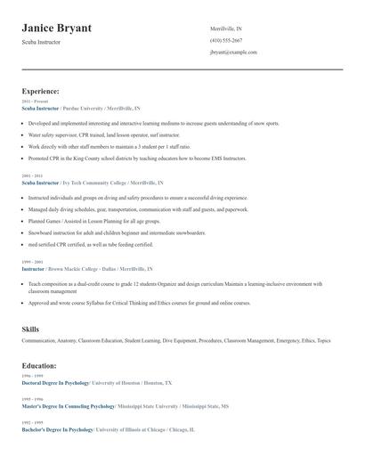 Scuba Instructor Resume