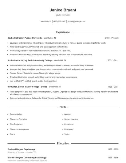 Scuba Instructor Resume