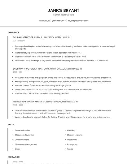 Scuba Instructor Resume