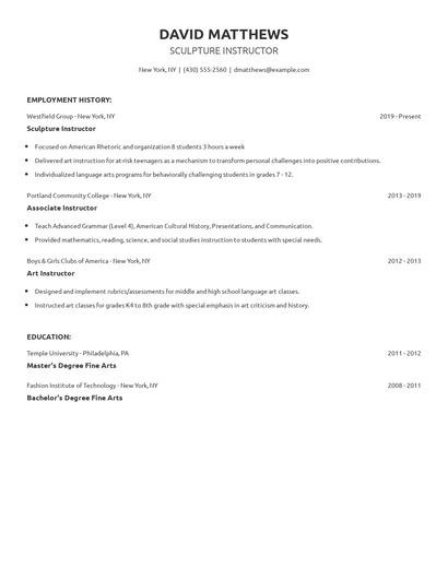 Sculpture Instructor Resume