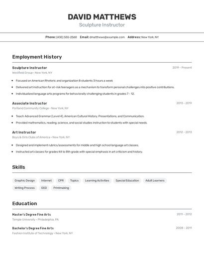 Sculpture Instructor Resume