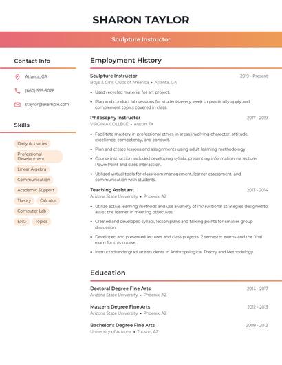 Sculpture Instructor Resume