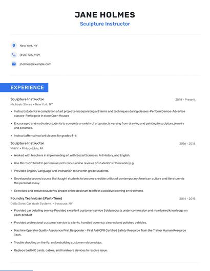 Sculpture Instructor Resume