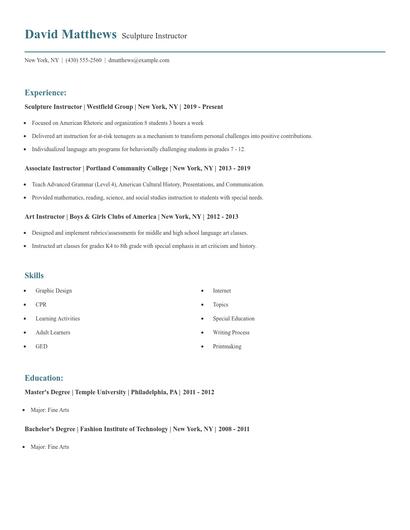 Sculpture Instructor Resume