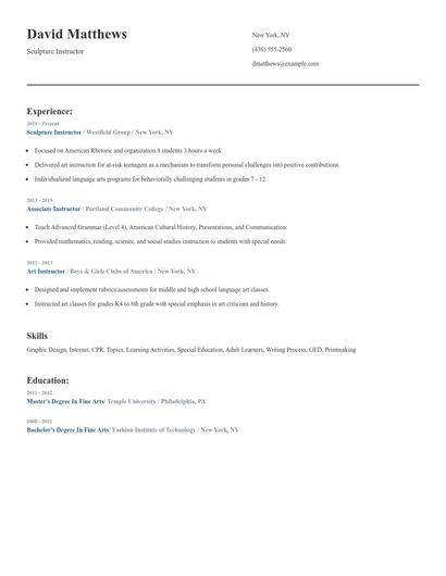 Sculpture Instructor Resume