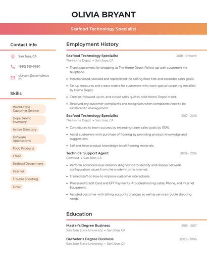 Seafood Technology Specialist Resume