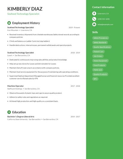 Seafood Technology Specialist Resume