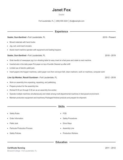 Sealer Resume