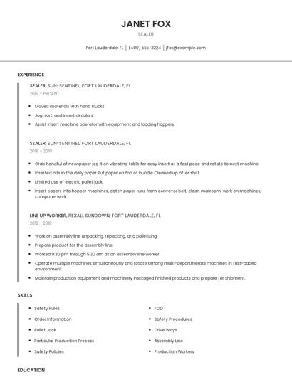Sealer Resume