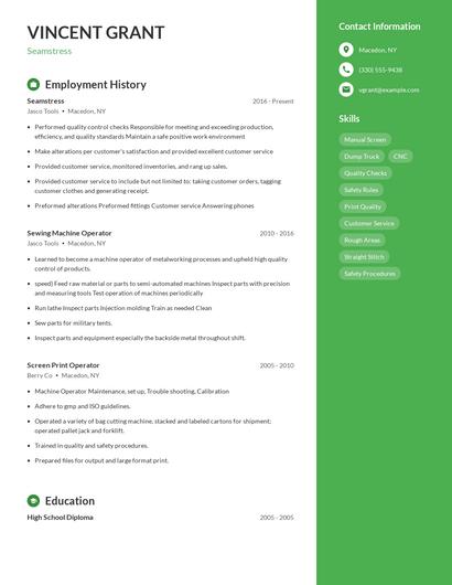Seamstress Resume