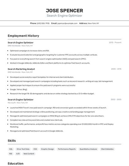 Search Engine Optimizer Resume