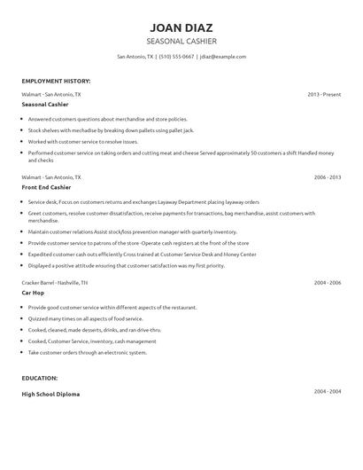 Seasonal Cashier Resume