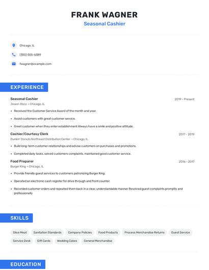 Seasonal Cashier Resume