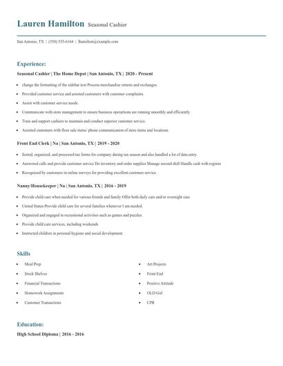 Seasonal Cashier Resume
