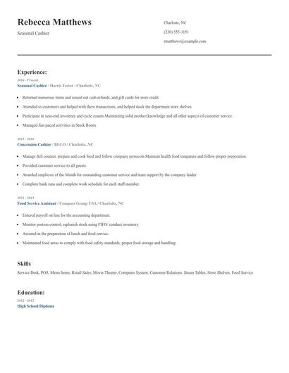 Seasonal Cashier Resume