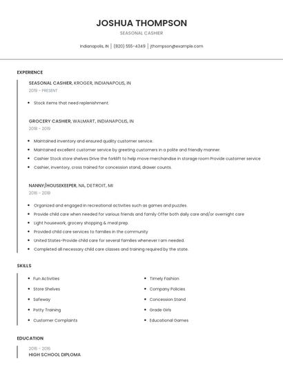 Seasonal Cashier Resume