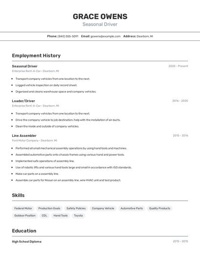 Seasonal Driver Resume