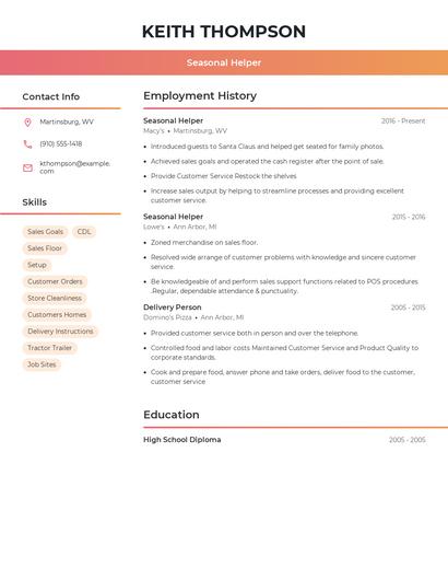 Seasonal Helper Resume