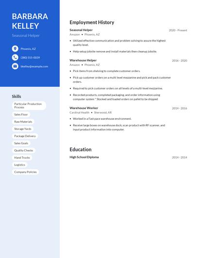 Seasonal Helper Resume
