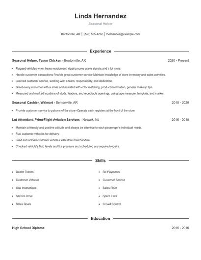 Seasonal Helper Resume