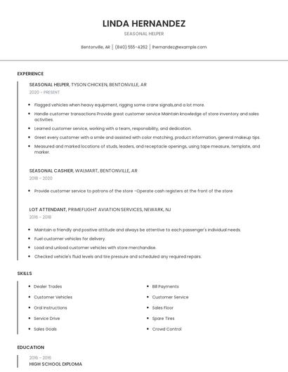 Seasonal Helper Resume