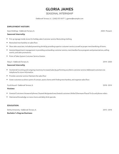 Seasonal Internship Resume