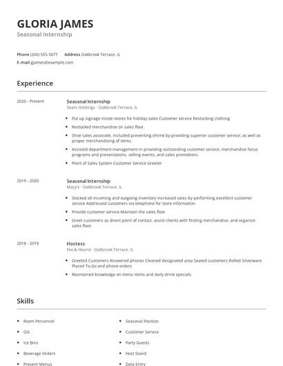 Seasonal Internship Resume