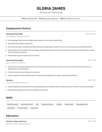 Seasonal Internship Resume