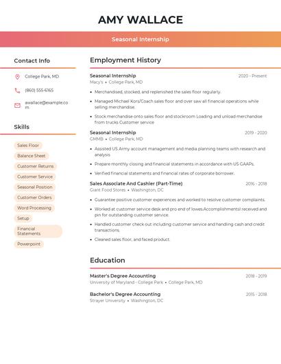 Seasonal Internship Resume