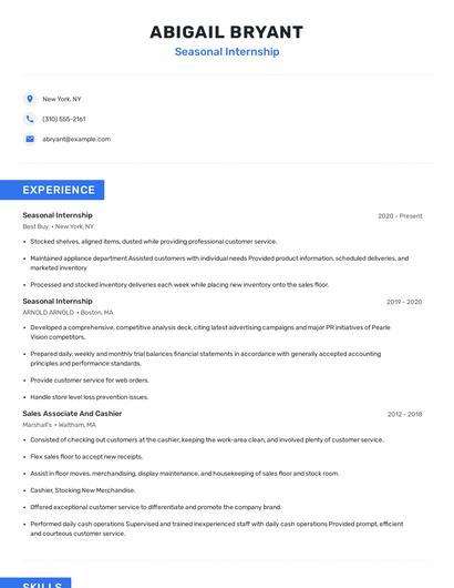 Seasonal Internship Resume
