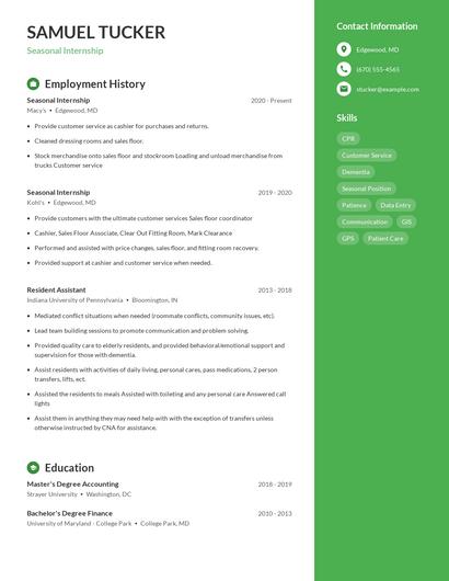 Seasonal Internship Resume