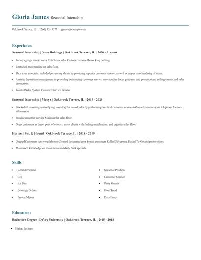 Seasonal Internship Resume
