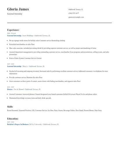 Seasonal Internship Resume