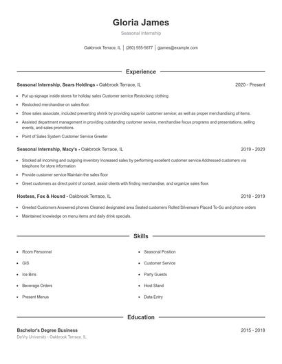 Seasonal Internship Resume