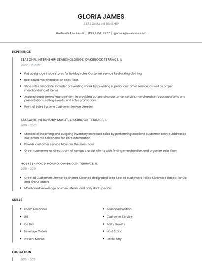 Seasonal Internship Resume
