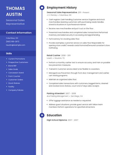 Seasonal Sales Representative Resume