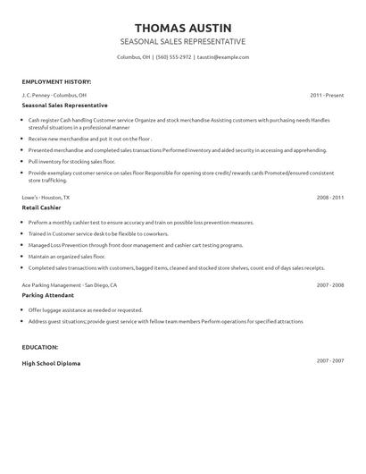 Seasonal Sales Representative Resume