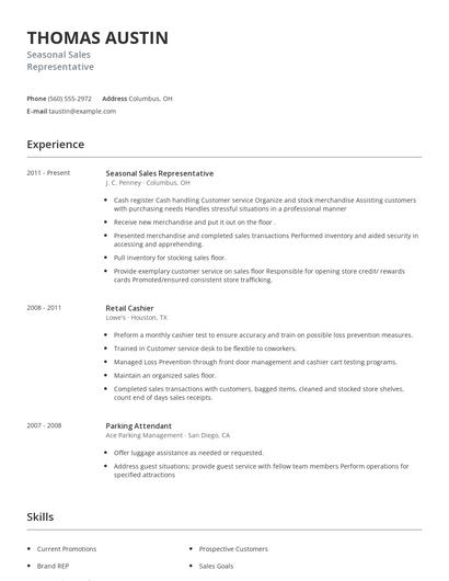 Seasonal Sales Representative Resume