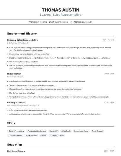 Seasonal Sales Representative Resume
