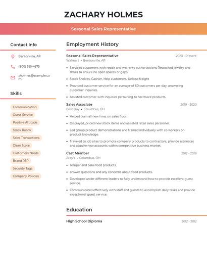 Seasonal Sales Representative Resume