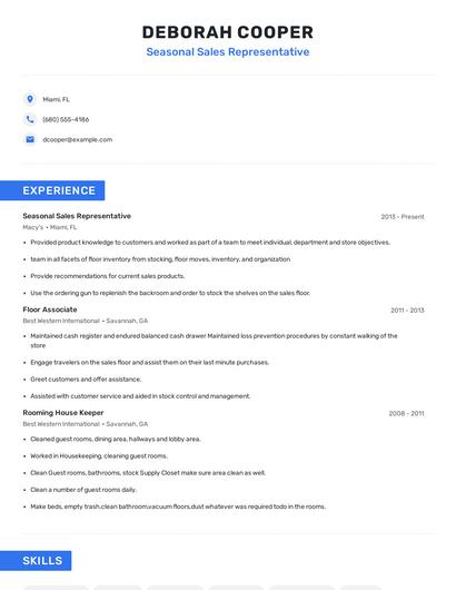 Seasonal Sales Representative Resume